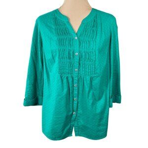 Croft & Barrow Blouse Top Women's Size L large Kelly Green Pleated Button Front